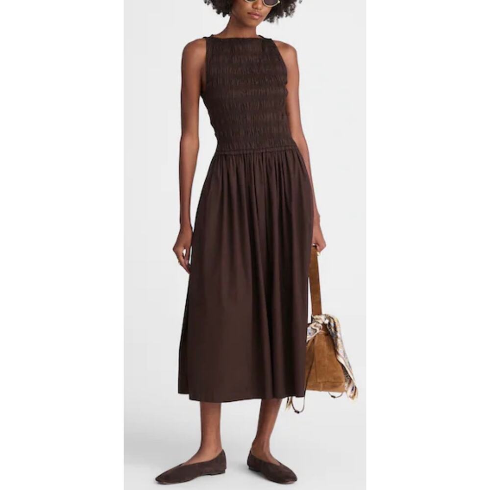 Madewell The Melody Smocked Midi Dress Brown Cotton Pockets XL NWT Minimalist